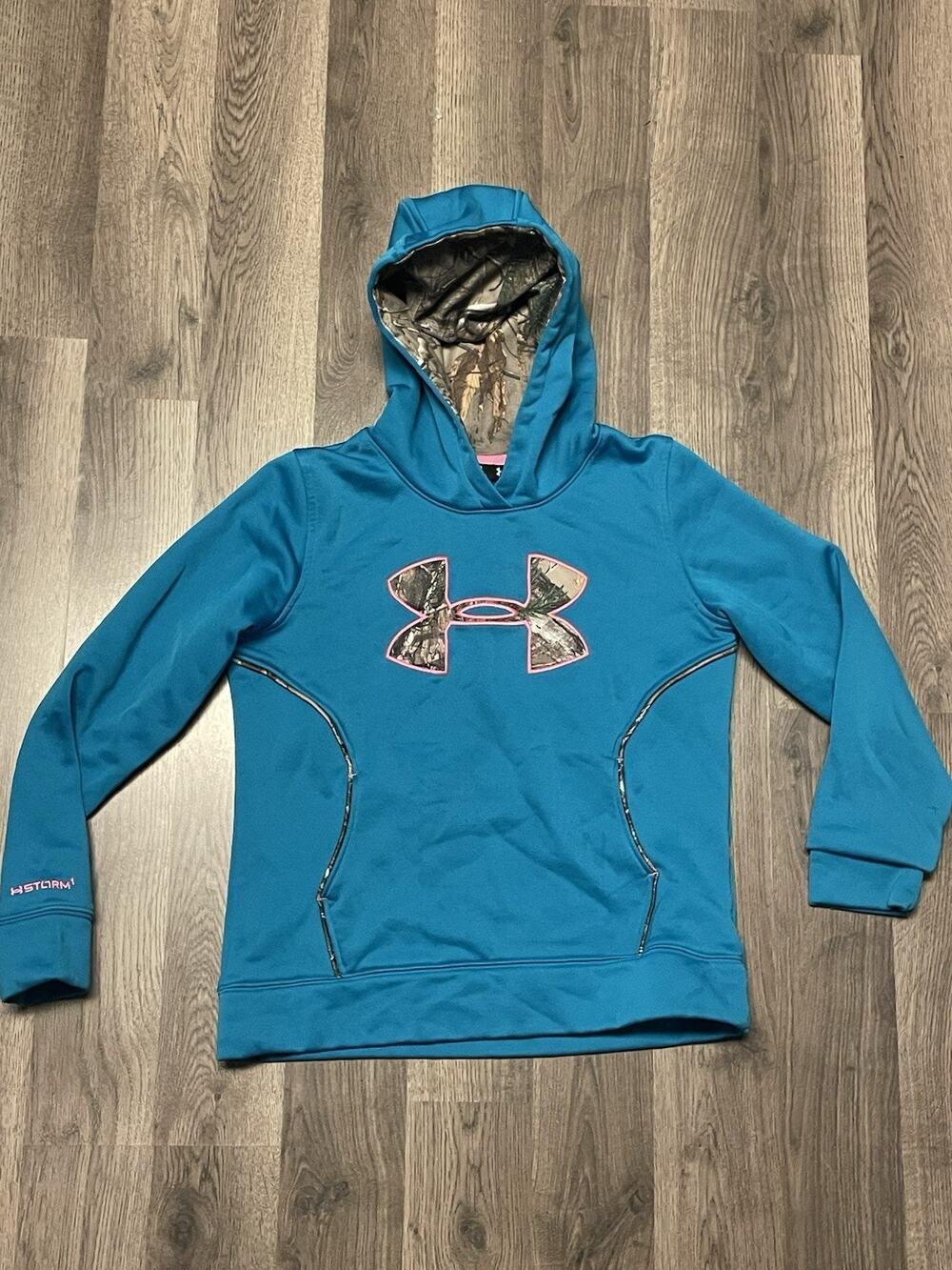 Under Armour Storm 1 Girls Hoodie Youth Large YLG Blue Camo Big Logo Pullover